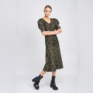 En Saison Flora Midi Denim Dress in Black Taupe Size Small NWT
